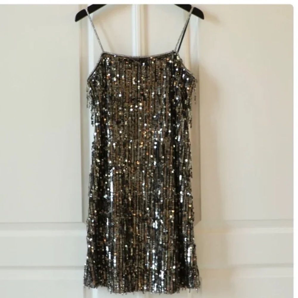 NWT Alice + Olivia Chicago Gunmetal Silver Sequin Fringe Flapper Mini Dress Sz 6 - Picture 6 of 17
